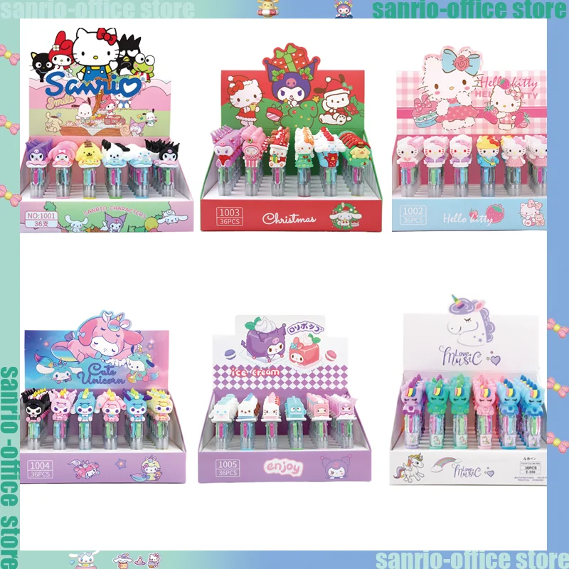 

36pcs Sanrio 4-Color Ballpoint Pen Boxed Christmas New Painting Ballpen 0.7mm Colorful Pens Students School Supplies Wholesale