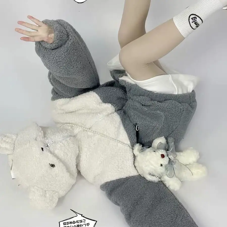 Cute Bear Hoodies Women Autumn Winter Clothes Imitation Lambs Wool Hooded Tops Streetwear BF Oversized Sweatshirt  2022 New