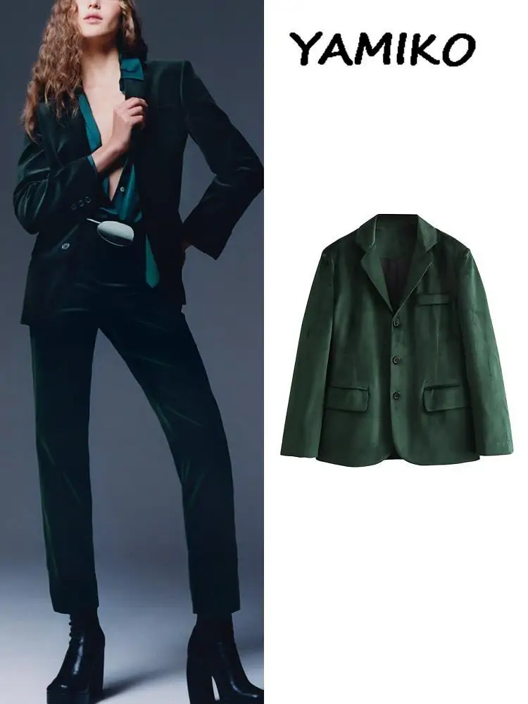 

2023 Winter Women Fitted Velvet Blazer Lapel Collar Long Sleeve Front Flap Pockets Button-up Blazers Vintage Office Lady Jackets