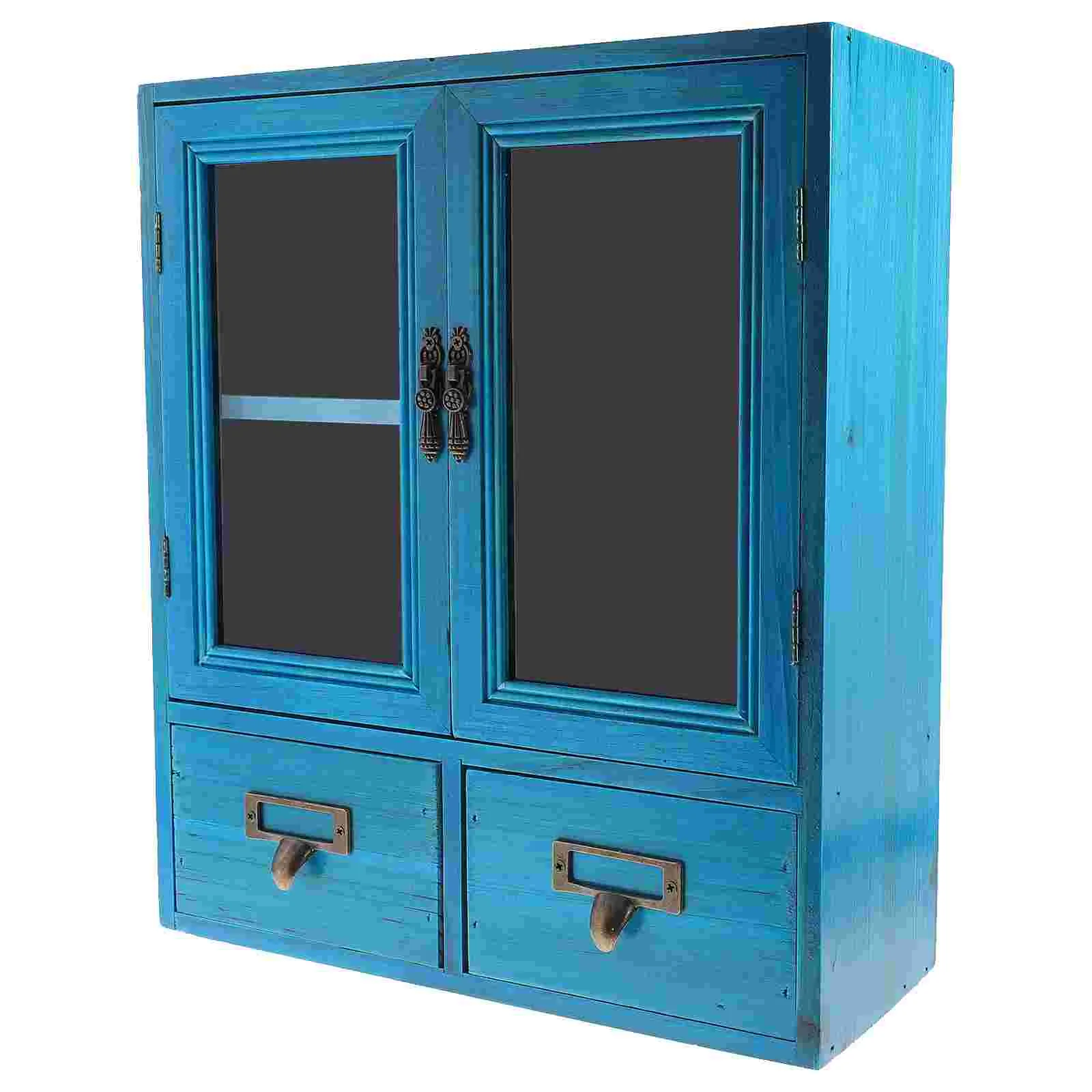 

Bathroom Wall Cabinet Wooden Kitchen Storage Cabinet Wall Display Cabinet Glass Double Doors Two Small Drawers Laundry Room