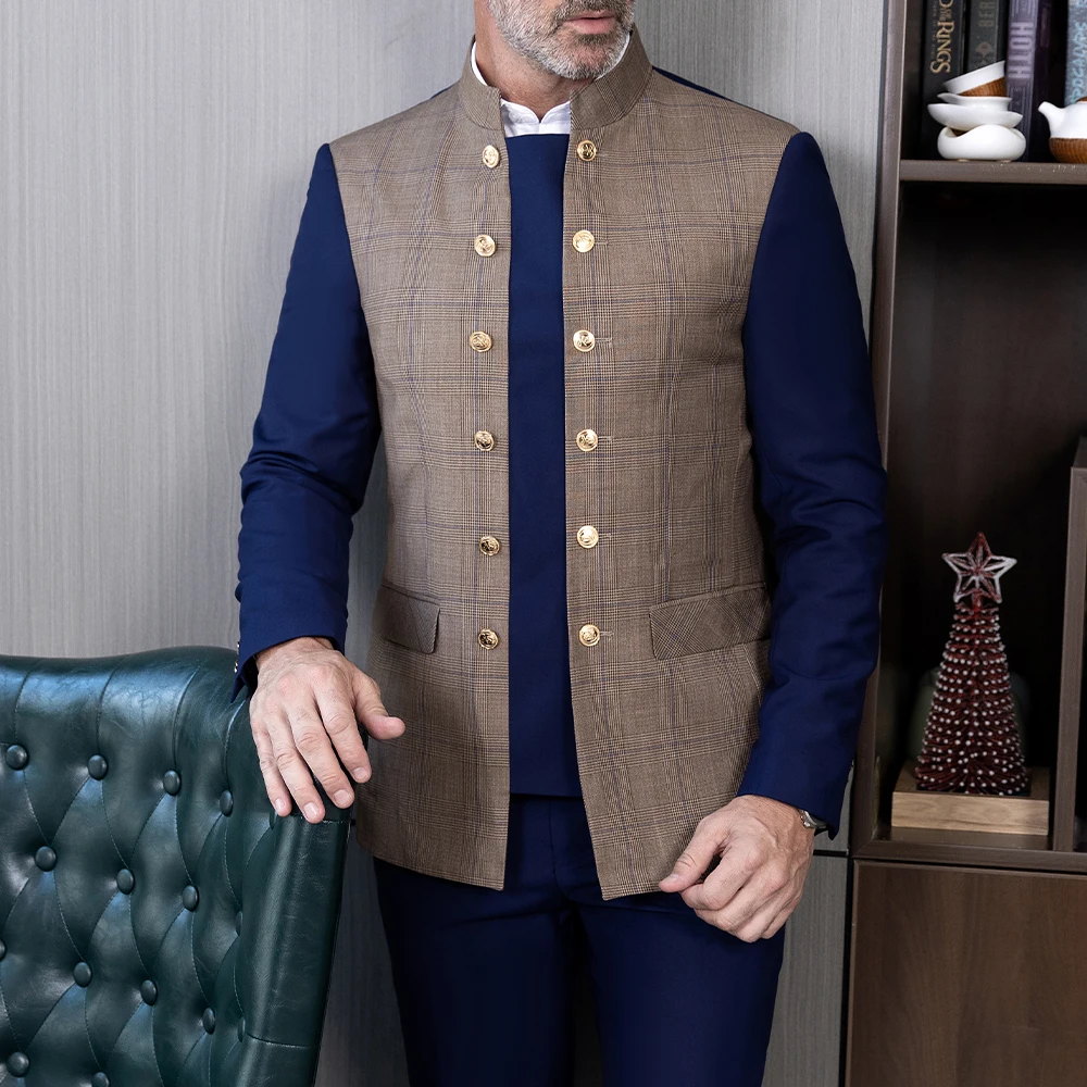 2 Pieces Splicing Plaid Can Be Two Types of Buttons Slim Fit Business Men's Suits With 2 Pockets（Blazer+Pants ）