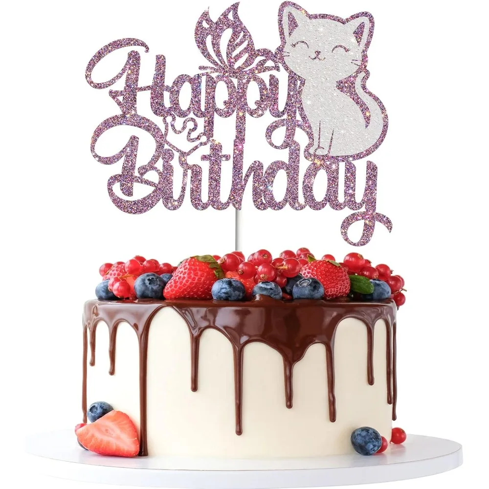 Lila funkelnde Katze alles Gute zum Geburtstag Kuchen Schmetterling Kuchen Kätzchen Haustier Thema Geburtstag Hochzeit Party Kuchen Dekoration