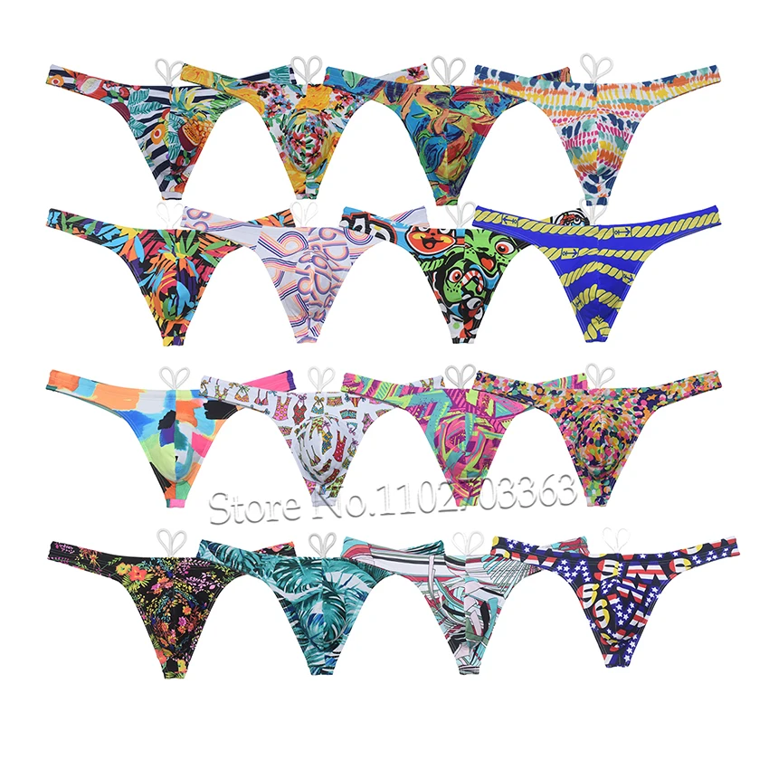 Men's Sexy Print Bikini Swim Thongs Swimsuit Elastic T-back Beachwear Adjustable Drawstring Surfwear Fashion Swimwear