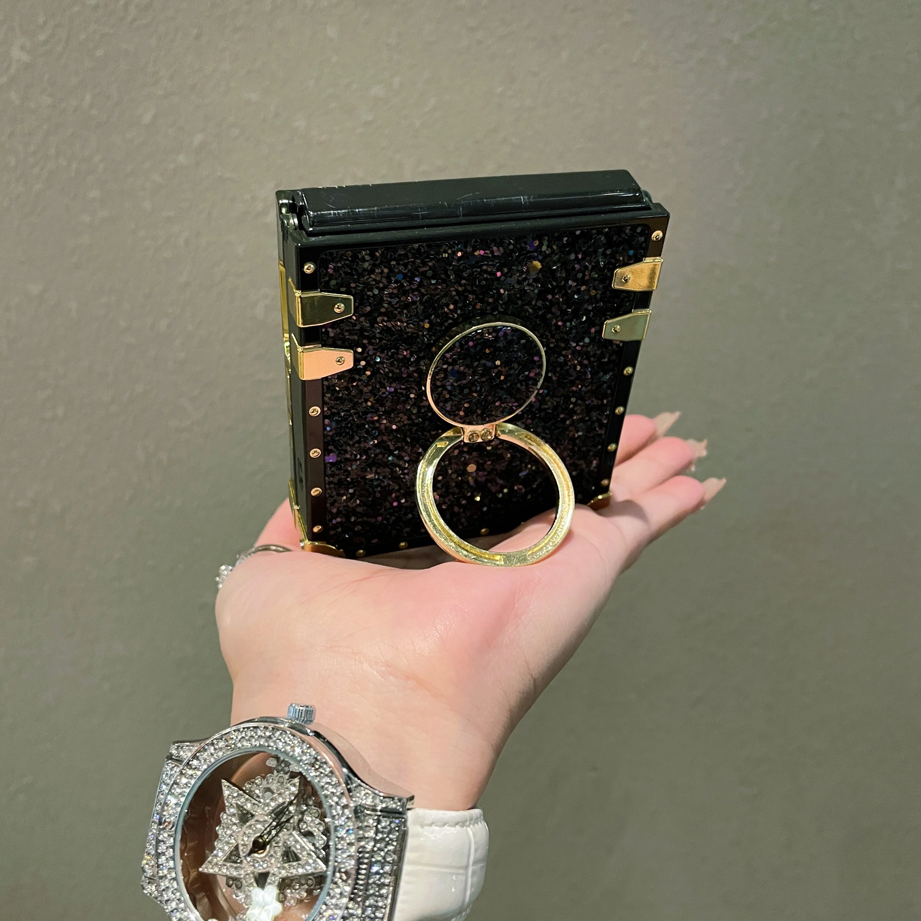 Sparkling Gold Faux Rhinestone Leather Phone Case with Shiny Ring Holder