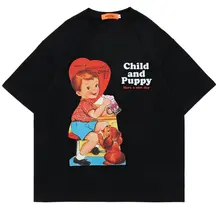 

Men's Clothing Tshirt Cute Kid Puppy Drawing Print Cotton O-neck Tops Harajuku Summer Short Sleeve Streetwear Oversized T-shirt