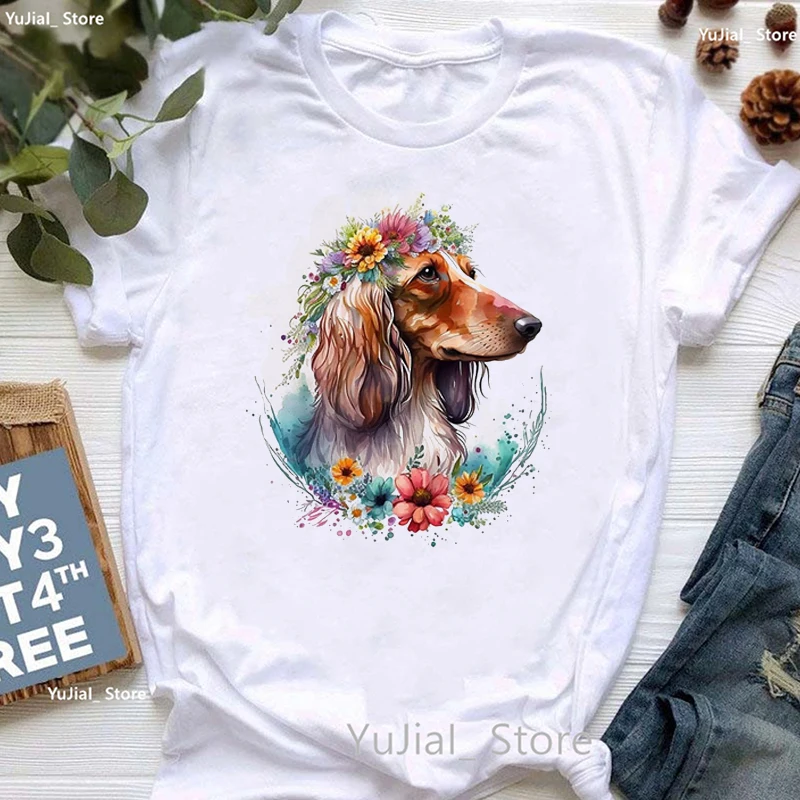 Watercolor Floral Crown Art Dachshund Animal Print T Shirt Girls Kawaii Dog Lover Tshirt Women Harajuku Shirt Summer Top T-Shirt