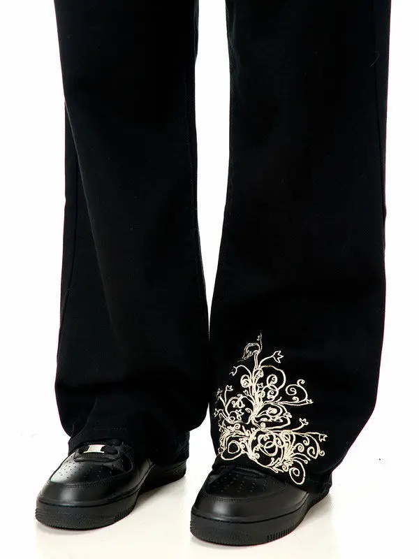 American black jeans men embroidered leg silhouette ins niche fashion loose casual Korean style simple versatile straight pants