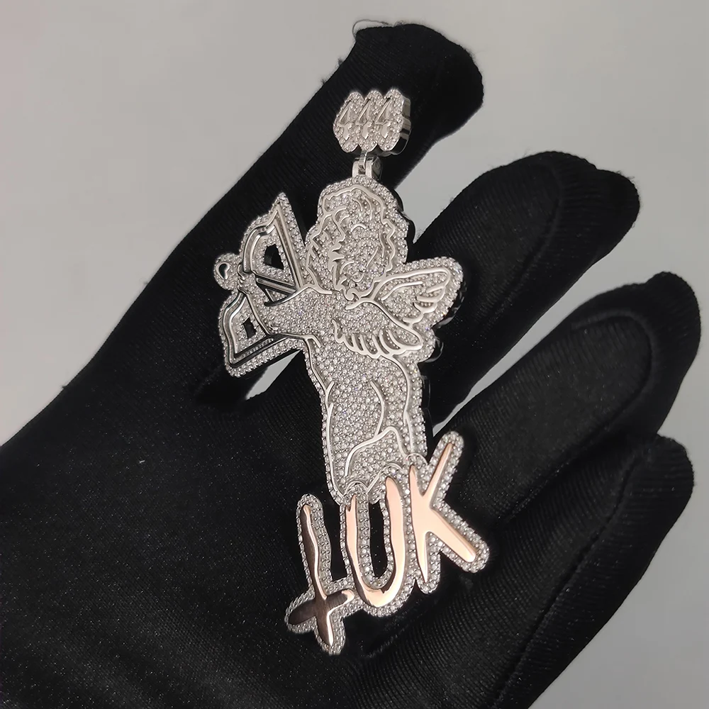 Hip Hop Jewelry S925 Sterling Silver Diamond Iced Out Angel Cupids Rose Letter VVS Moissanite Pendant Necklace Past Test