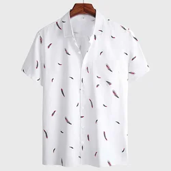 Summer Feather Print Men Shirt Short Sleeve White Casual Beach Hawaiian Shirts for Men Streetwear Camisa Para Hombre