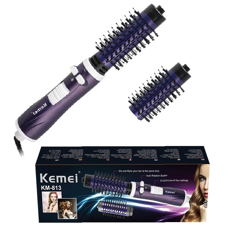 Kemei 2in1 rotary Hot Air Spin Brush Kit for Styling Hair Dryer Brush 2 Detachable Auto-Rotating Curling Round hot air hair brush