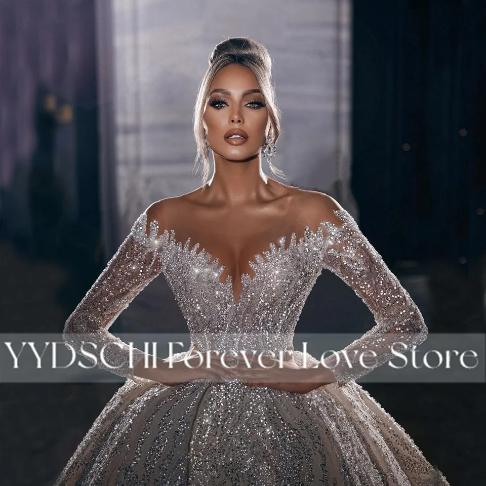 Maßgeschneiderte luxuriöse Glitzer-Pailletten-Brautkleider mit langen Ärmeln 2026 Dubai Prinzessin Brautkleid mit Schleppe Vestido De Noiva – Detail 3