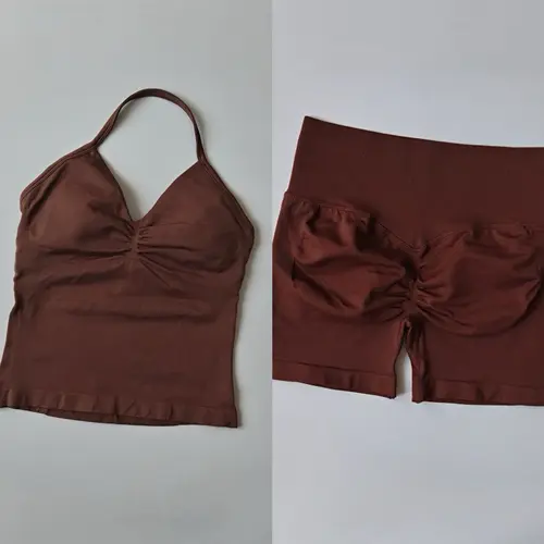 Sexy Halter Neck Beautiful Back High Waist Peach Sports Bras Shorts Suit Pilates Gathering Yoga Vest Training Fitness Bra Sets - Image 20