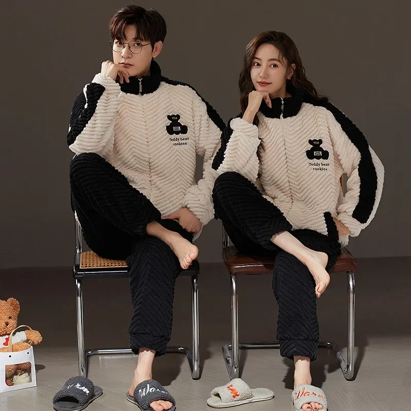 Sleepwear Men Pajamas Women Pajama Sets Couple Pajamas Autumn Winter Warm Flannel Big Size Zippers Nightwear Kawaii Clothing