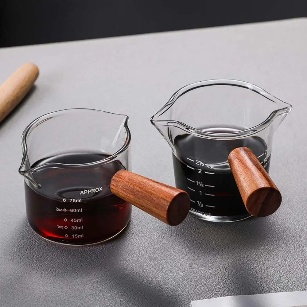 70/75ml Heat-resisting Glass Espresso Measuring Cup Double Mouth Glass Milk Jug With Wooden Handle Scale Measure Mugs