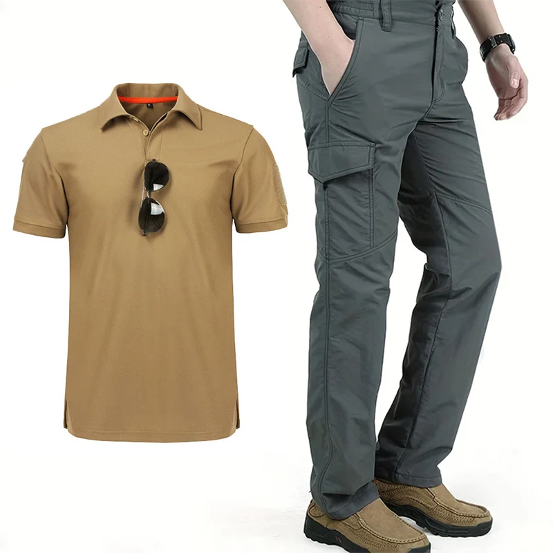 New Summer Outdoor Work Set Mens Quick Dry Lightweight Pants Breathable Short Sleeve T-shirt 2Pcs Suits Essentials Workwear Male