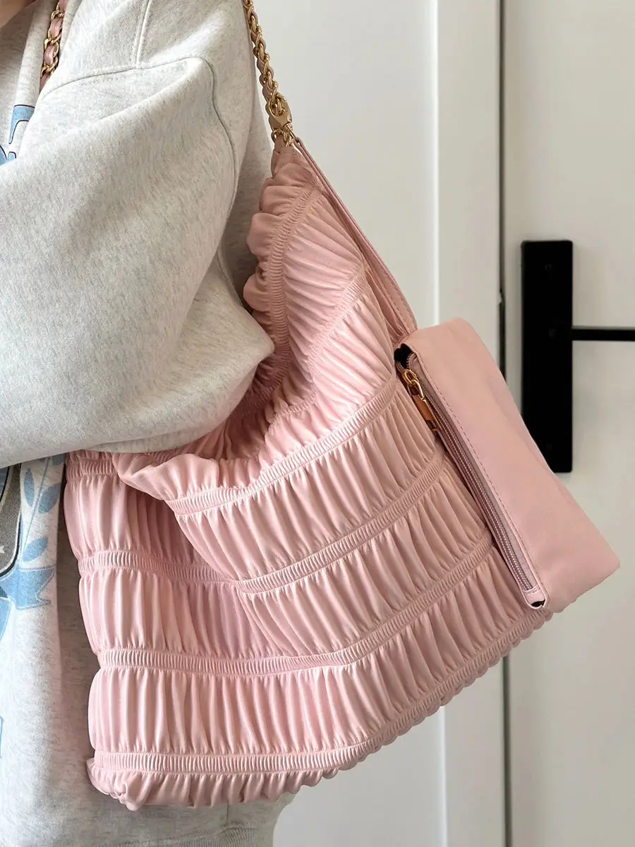 New Fashionable Canvas Pleated Bucket Shaped Women's Bag With Large Capacity Shopping Bag Casual And Simple Fashion Shoulder Bag