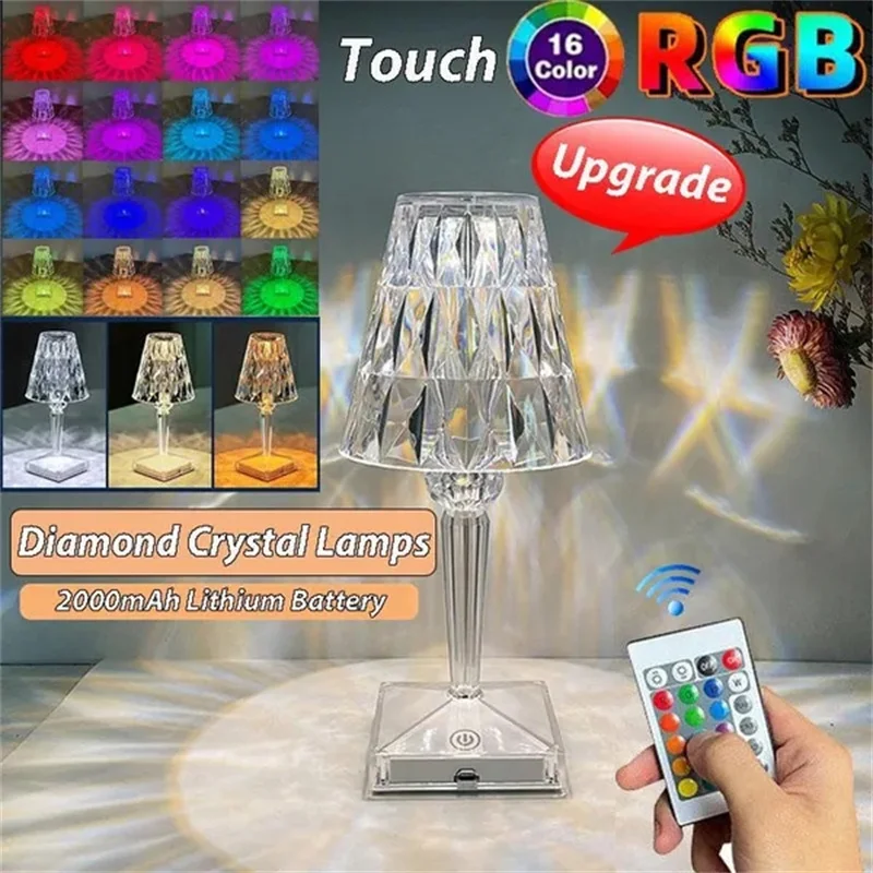 

LED Diamond Crystal Table Lamp 16 Color Touch Adjustable Romantic Atmosphere USB Rechargeable Night Light for Bedroom Livingroom