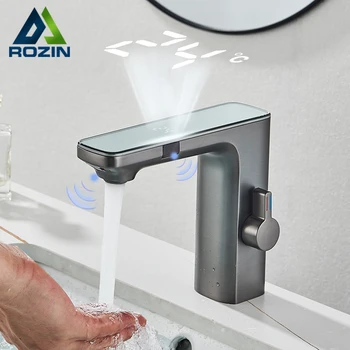 rozin Sensore Touchless Rubinetto per lavabo Display digitale intelligente Rubinetti per lavandino del bagno Ottone grigio Senso Miscelatore acqua calda fredda Gru 1