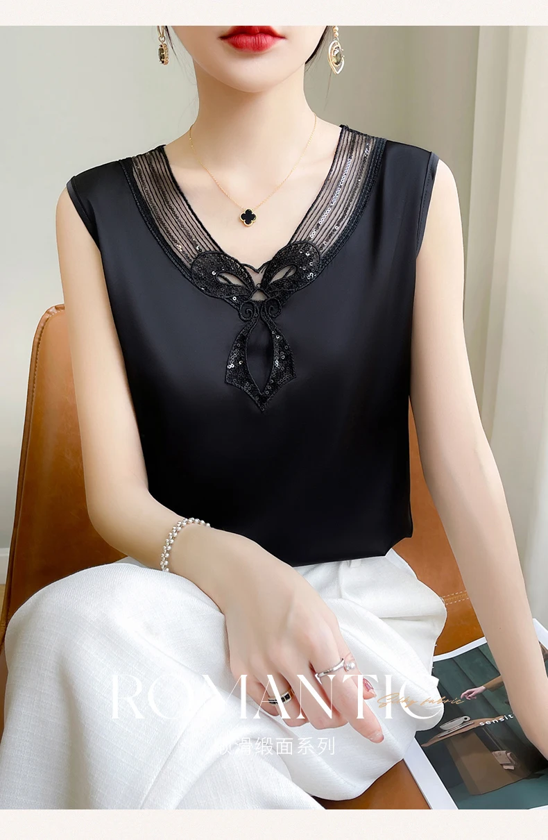 Lace Sleeveless Loose Vest V-Neck Pullover with Suspended Top Women's Summer Satin Temperament Lace Bottom Shirt Korean Editions