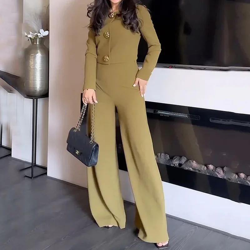 

Street Women's Set Long Sleeve Shirt Tops And Wide Leg Pants Elegant Tracksuit Two Piece Set Sweatsuit Fitness Outfits