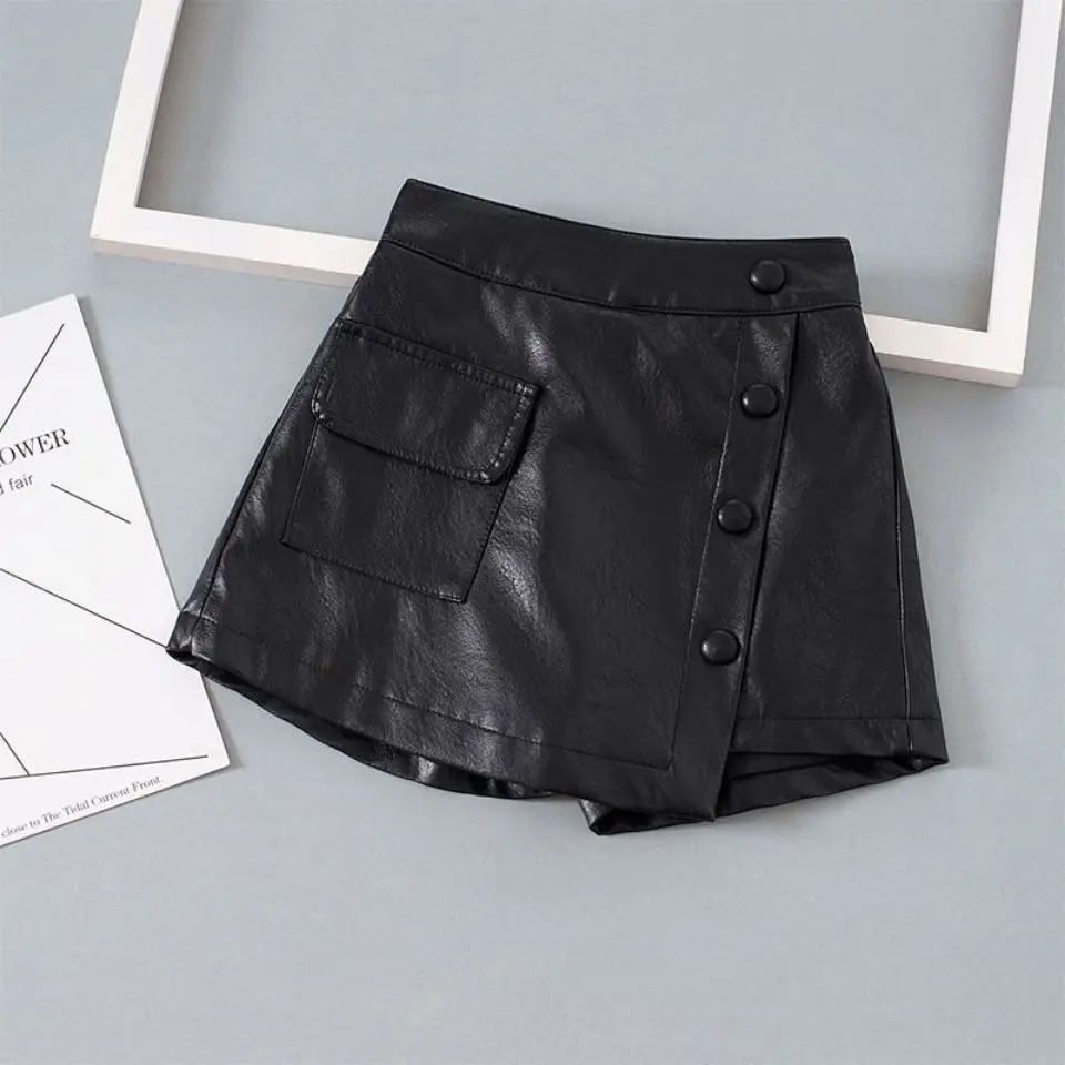 new Spring Autumn Girls Kids Pocket buttons PU Faux Leather Shorts Baby Children Trousers Children Clothes 2-12T