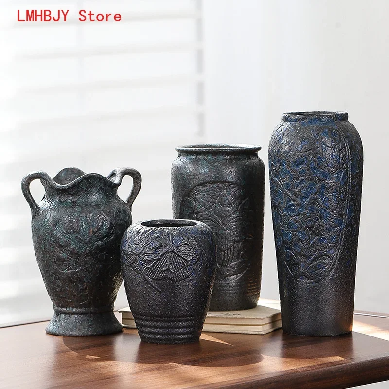 

LMHBJY Retro Ceramic Vase New Chinese Style Large Caliber Fresh Flowers Dry Flowers Simple and Luxury Decoration