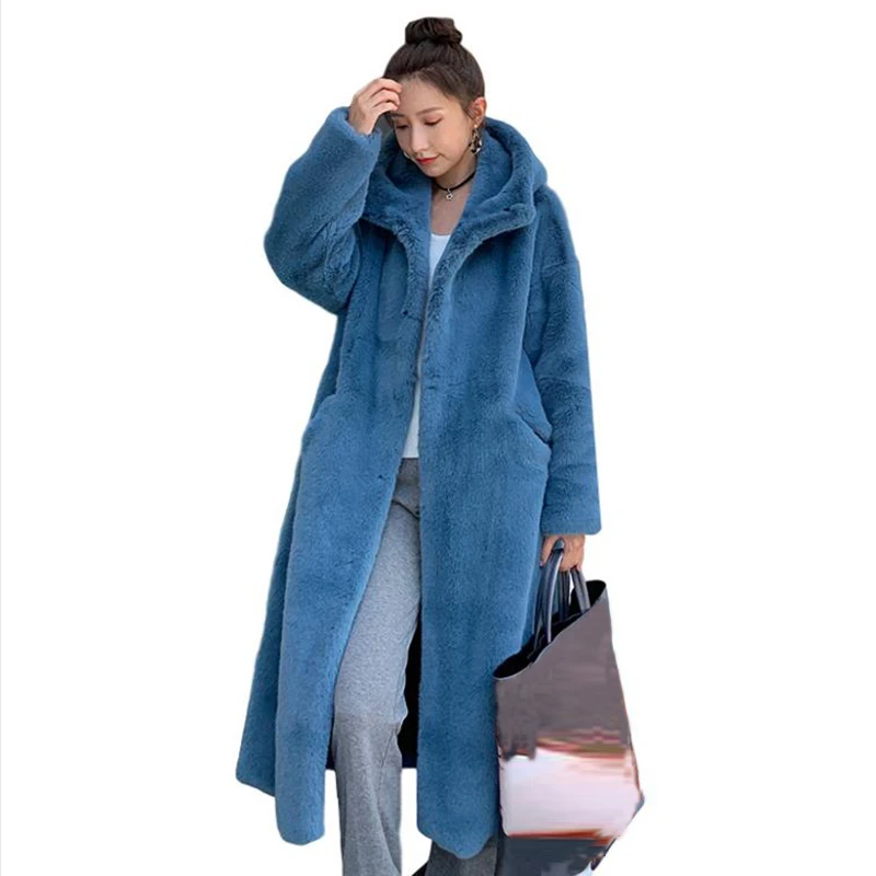 

2023 New Women Winter Faux Fur Coat Hooded Long Fur Coats Thick Warm Female Plush Plus Size Loose OverCoat