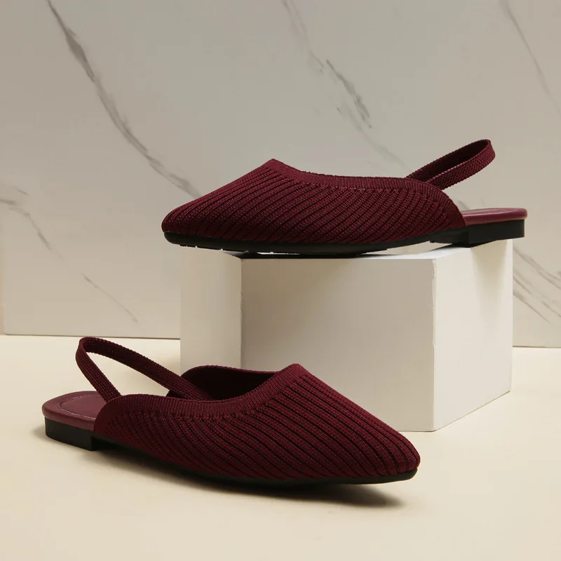 Breathable Woven Fabric Sandals Woman Slingback Rear Strap Shoes Ladies Burgundy Flats Slippers 3D Stretch Polyester Loafer