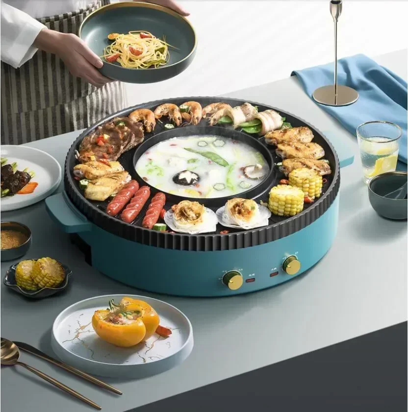 220V Electric Grill Hotpot Non-Stick Barbecue Toaster Oven 2 In 1 2 Flavor Hot Pot Multi Cooker