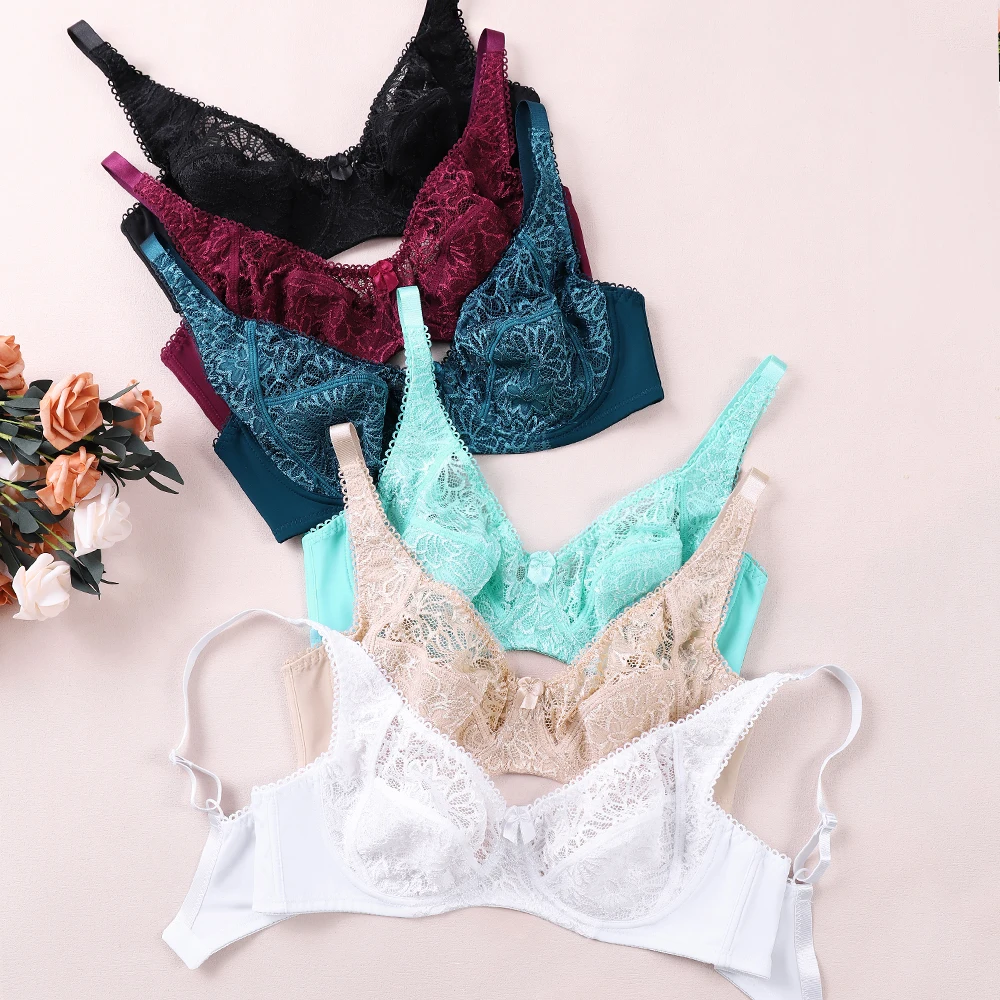 Sexy Womens Bras Ultra-Thin Perspective Deep V Lace Sheer Plus Size Bra Female Underwear Lingerie BH Tops D E F Cup