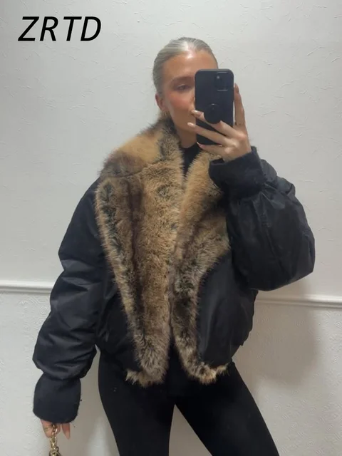 Street Faux Fur Patchwork Cropped Coats Women Loose Lapel Full Sleeve Pockets Warm Jackets 2025 Winter Lady Fashion Outwear 1