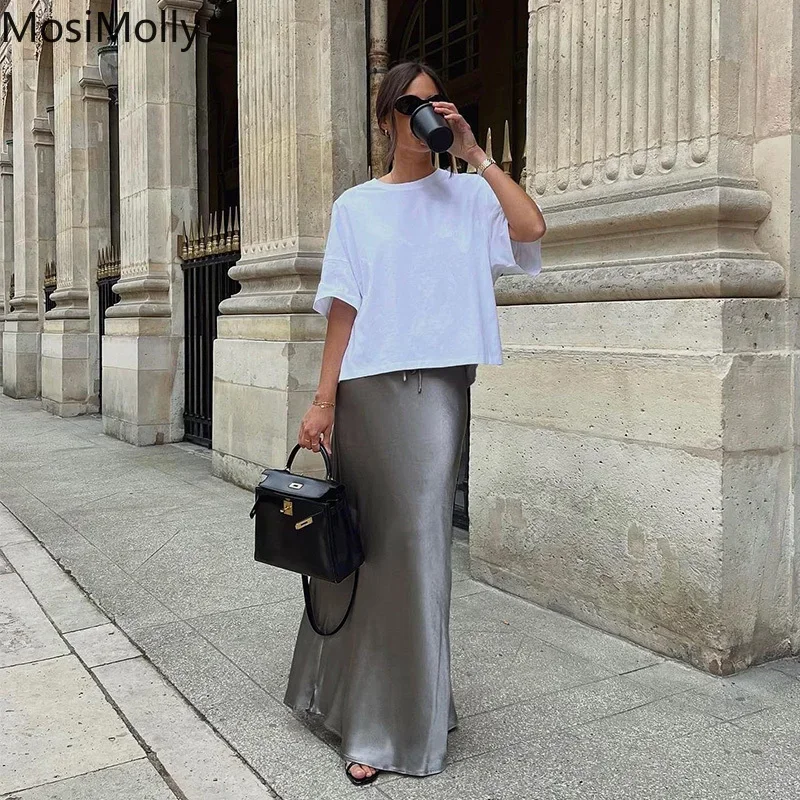 OL Skirt Satin Women 2024 Drawstring Tie Long Skirt A line Bottom Skirt