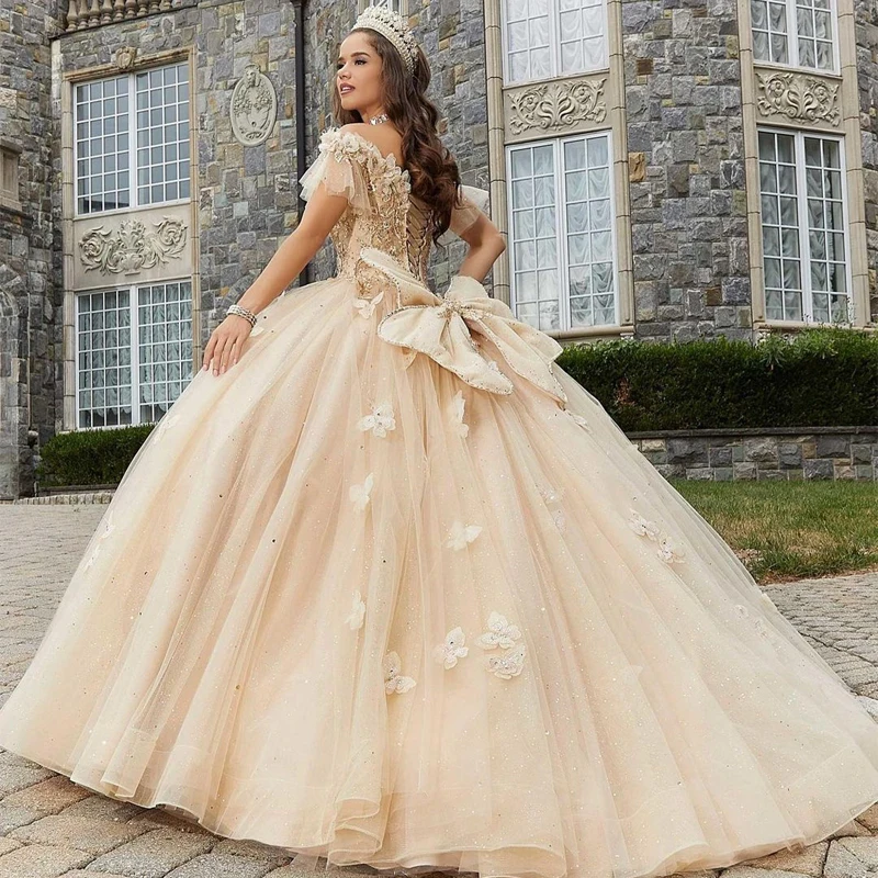 

Champagne Quinceanera Dresses Off The Shoulder Glitter Tulle Appliques Beading Big Bow Ball Gown Pageant Party Gown Sweet Robes