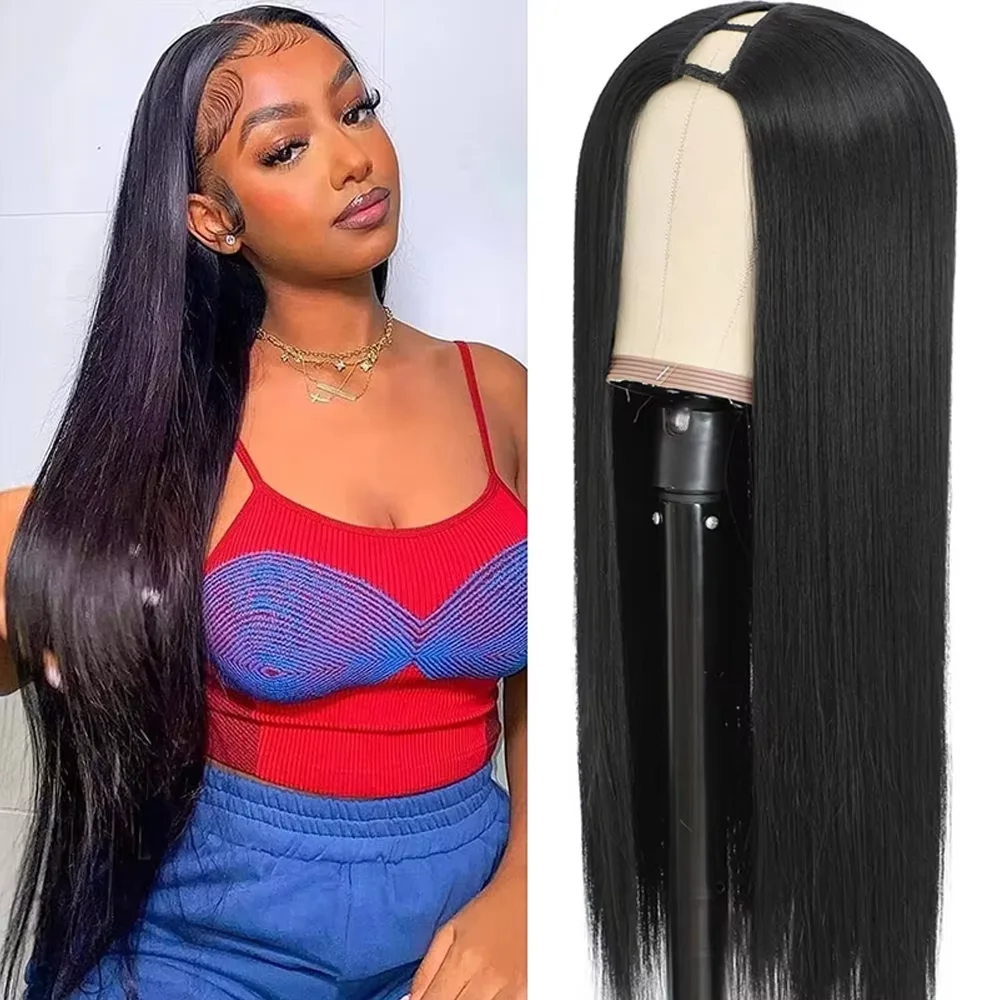 Perruques en cheveux humains lisses couleur naturelle sans colle en forme de V, cheveux Remy brésiliens, sans besoin de laisser de cheveux de côté, perruques complètes fabriquées à la machine, densité 220 1