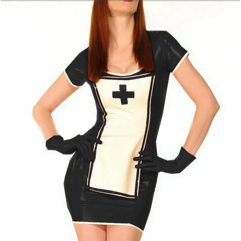 Novelty Funny Nurse Uniform Cosplay Costumes Halloween Men Women Sweet Sexy Glossy PVC Patchwork Pencil Mini Dress and Gloves