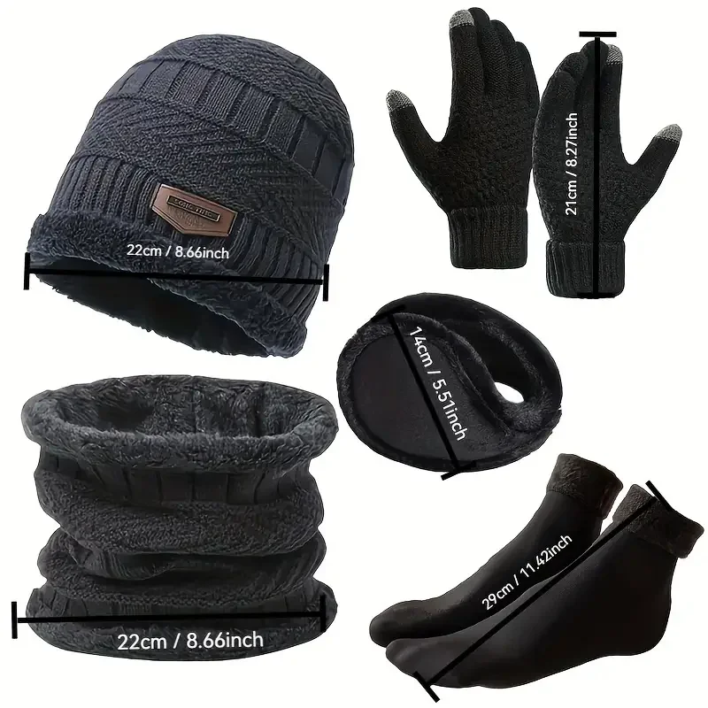 Men's winter outdoor hat set, including plush lined woolen hat, gloves, earmuffs, and non slip socks, providing protection for e