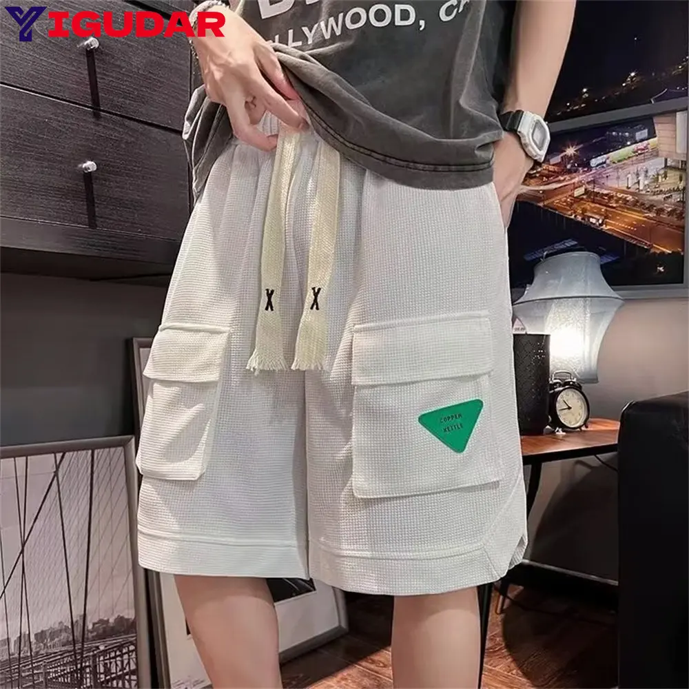 2023 Summer Men Shorts Hip Hop Knee Length Loose Type Deep Crotch Elastic Waist Cargo Stretchy Waist Straight Men Cargo Shorts