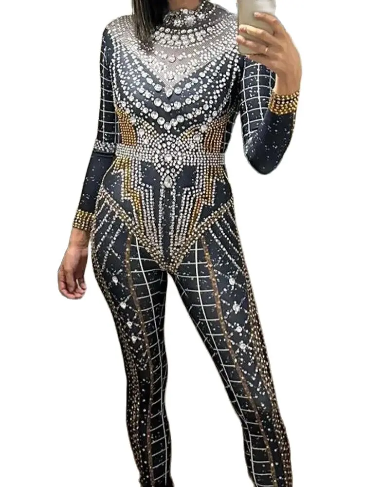 

Shining Rhinestones Showgirl Performance Costumes Fashion Nightclub Dancer Pole Dancing Stage Costumes Acrobatic Women Jumpsuit