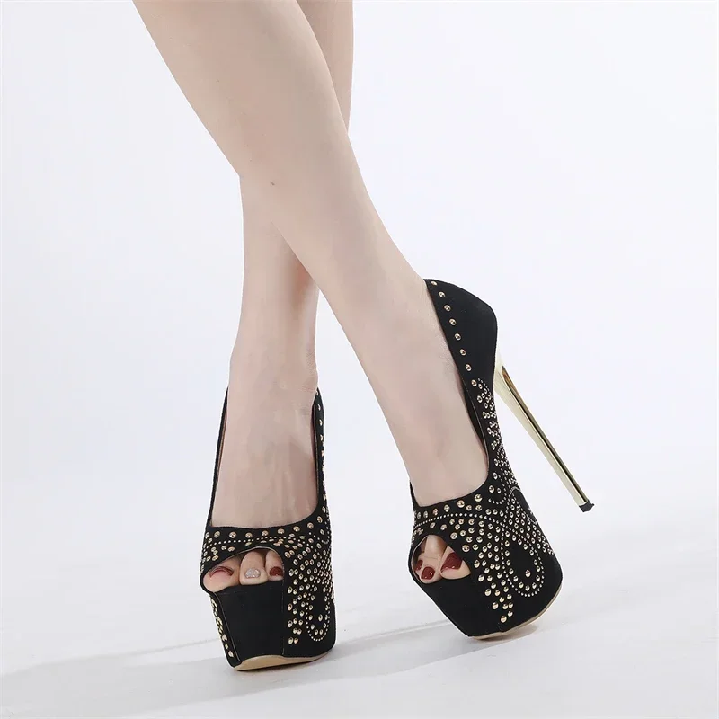 Black Rivet Design Ultra High Heel Women Pumps Sexy Peep Toe Thin High Heels Platform Stiletto High Heels Nightclub Dress Shoes 2 Black Rivet Design Ultra High Heel Women Pumps Sexy Peep Toe Thin High Heels Platform Stiletto High Heels Nightclub Dress Shoes - Image 2