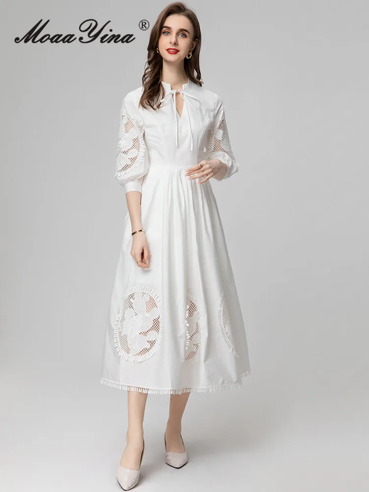 

MoaaYina Fashion Designer dress Spring Women's Dress Lantern Sleeve Hollow Out embroidery White elegant midi dress