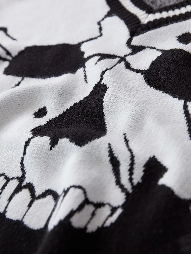 

Черно-белый Повседневный свитер со скелетом, Женский пуловер, свободная вязаная одежда, длинная юбка с напуском