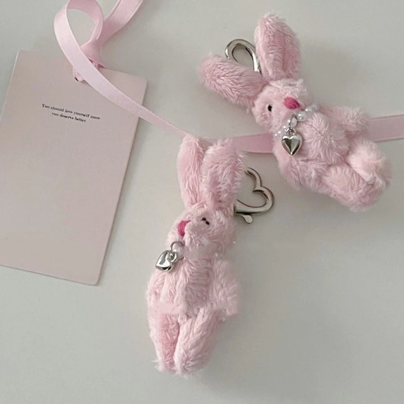 Cartoon rosa Kaninchen mit Herz Anhänger Plüsch Puppen Schlüssel bund Anhänger Mode Münz tasche Ornamente Schlüssel ring für Schlüssel Geschenk