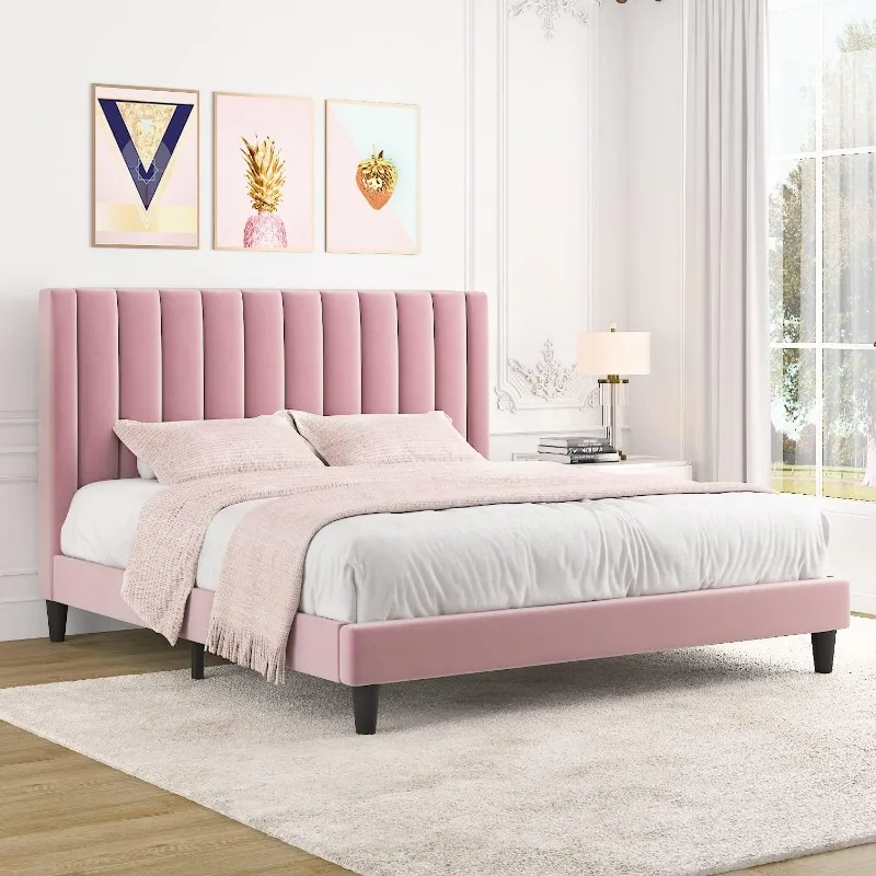 

Full Bed Frame/Velvet Upholstered Bed Frame With Vertical Channel Tufted Headboard/Strong Wooden Slats/Mattress Foundatio
