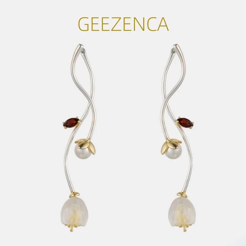 

GEEZENCA S925 Silver White Crystal Irregular Flower Bud Earrings For Women Cute Lovely Trendy Unusual Long Dangle Earring Gift