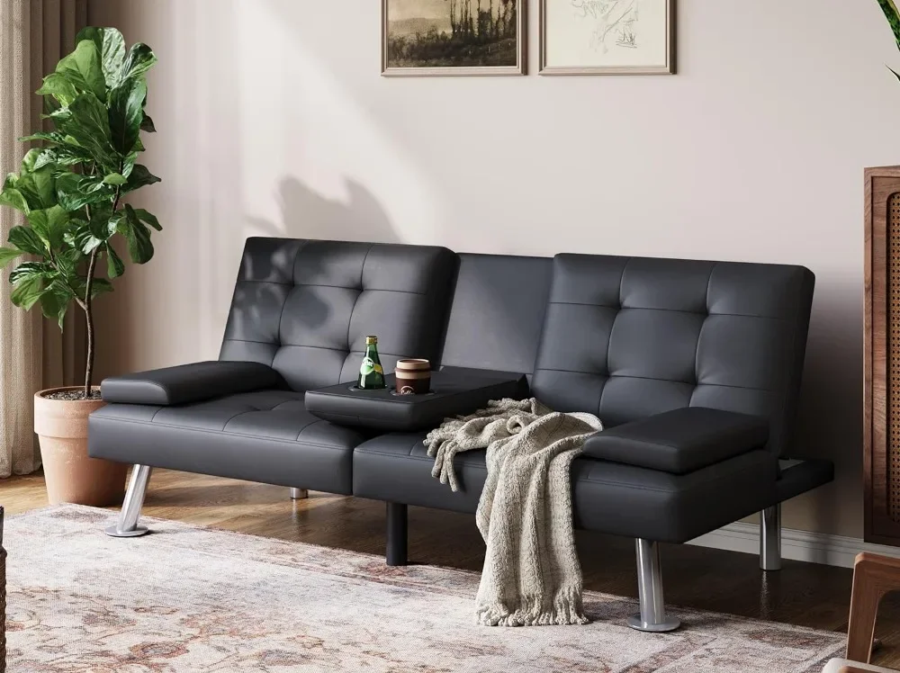 

Futon, Faux Lether Futon Couch Bed, Comfy Modern Black Futon Bed, Folding Recliner Sleeper Sofa with Adjustable Backrest,