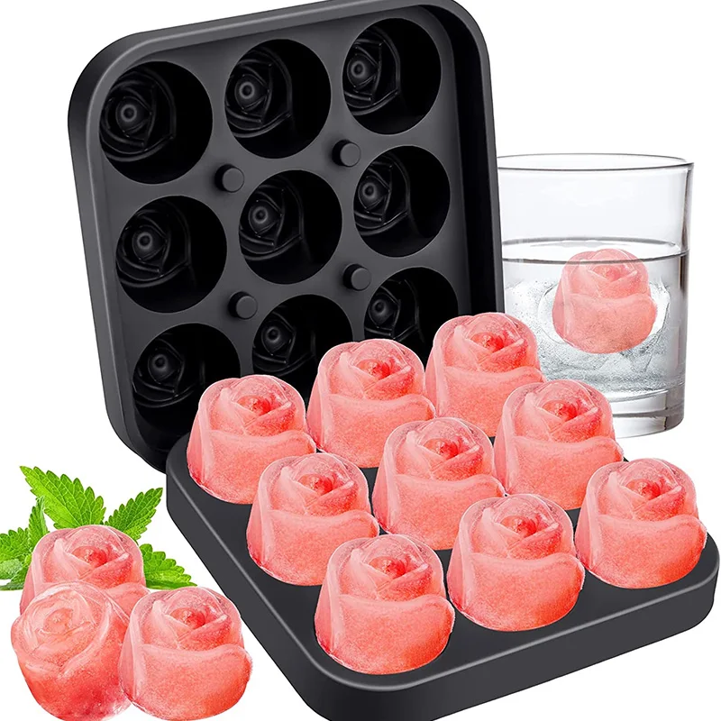 

3D Rose Ice Molds 9 Hole Rose Shape Ice Cube Mold Whisky Beer Wine Cool Down Ice Maker Reusable Ice Cubes Tray Mold with Lid