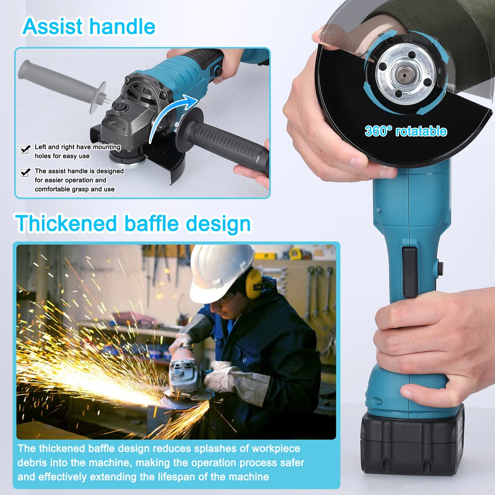 21V 125mm M14 Brushless Angle Grinder Grinding Tool Cutting Machine Power Tool for Cutting Polishing Ceramic Tile Wood Stone 5