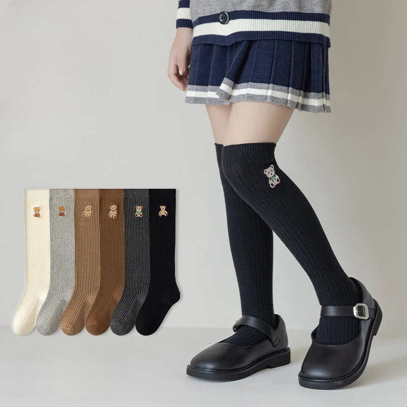 Cotton Knee High Socks for Kids Girls 1-8Y with Bear Embroidery