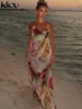 kliou Floral Print Women Dress Vacation Beach Style Suspendency Backless Halter Split Thin Vestidos Female Trend Attractive Wear 1