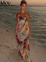 kliou Floral Print Women Dress Vacation Beach Style Suspendency Backless Halter Split Thin Vestidos Female Trend Attractive Wear 1